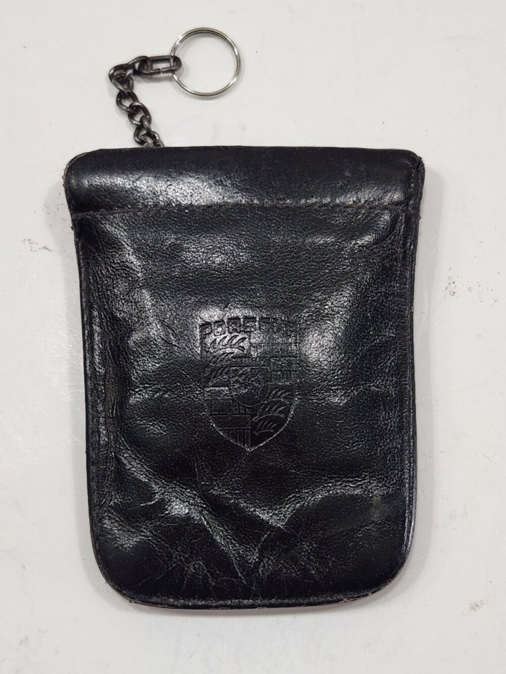 Vintage 1970 Porsche Black Leather Key Pouch With Chain With Porsche Emblem